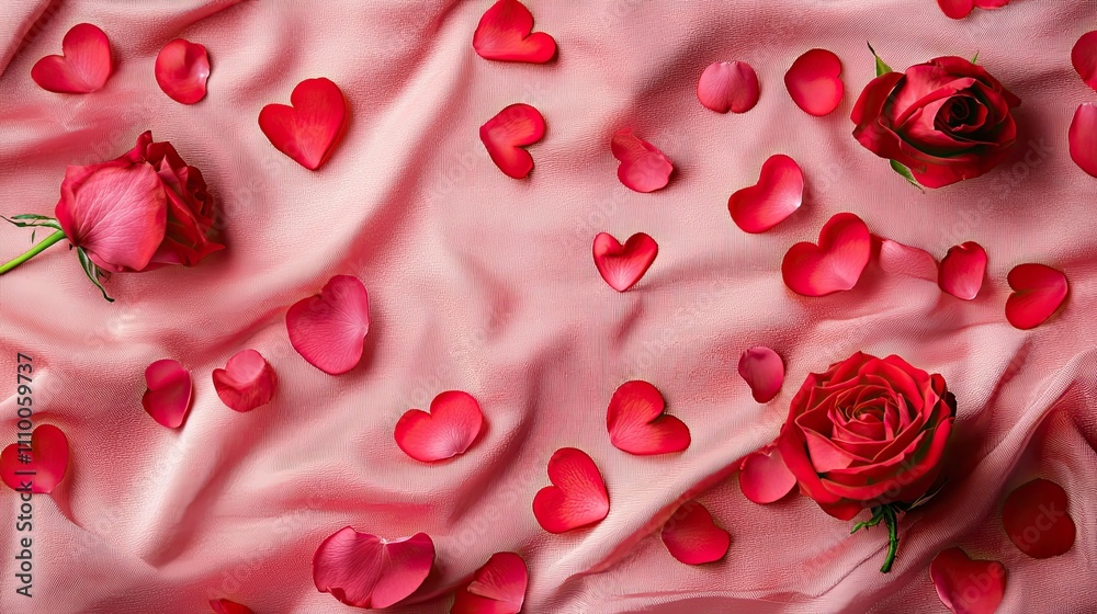 a pink velvet tablecloth with scattered red rose petals and heart-shaped decorations. a pink velvet tablecloth with scattered red rose petals and heart-shaped decorations.