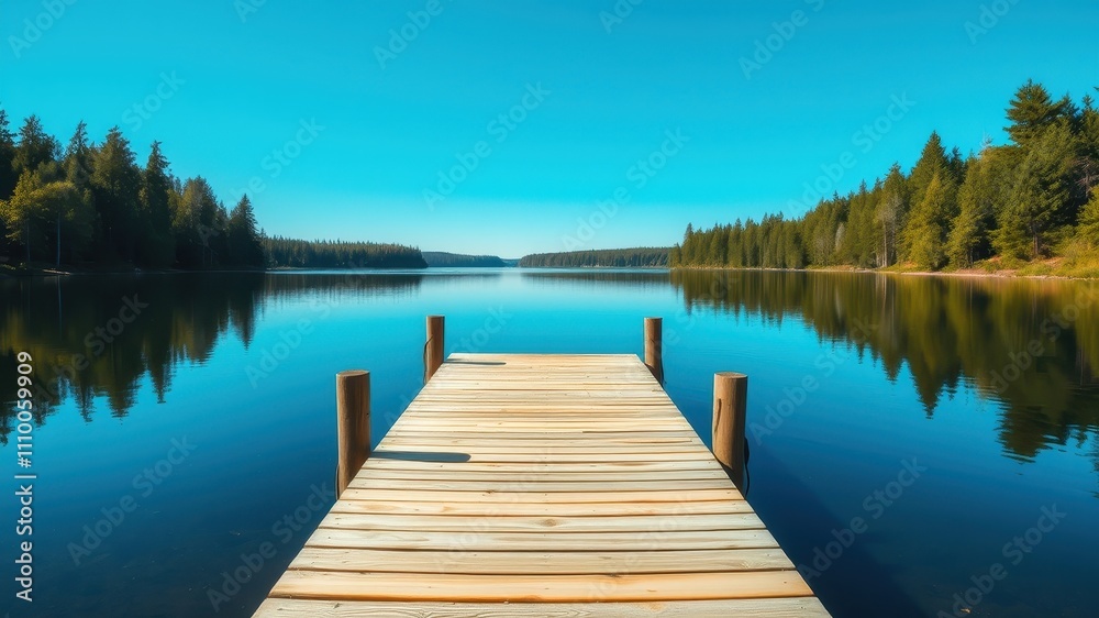 A Wooden Dock Extending Towards a Serene Lake Surrounded by Lush Trees and Reflecting a Clear Blue Sky A Wooden Dock Extending Towards a Serene Lake Surrounded by Lush Trees and Reflecting a Clear Blue Sky