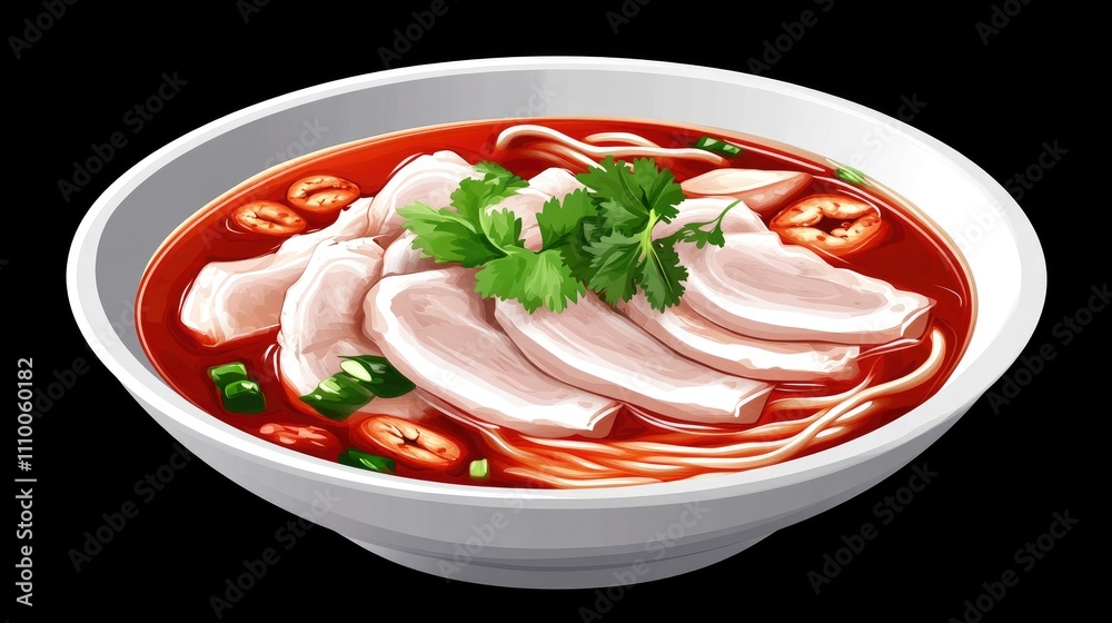 Delicious Spicy Noodle Soup with Fresh Herbs and Slices of Meat Delicious Spicy Noodle Soup with Fresh Herbs and Slices of Meat
