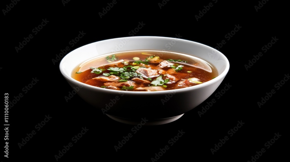 Delicious Bowl of Clear Broth Soup with Fresh Herbs and Meat Delicious Bowl of Clear Broth Soup with Fresh Herbs and Meat