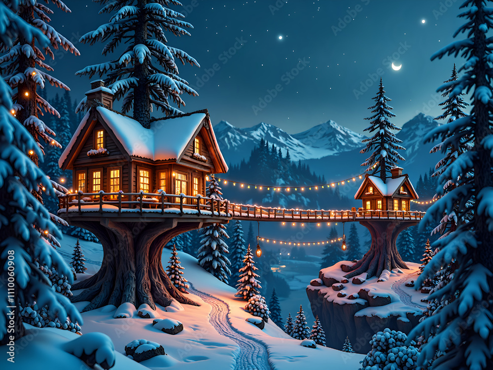 Enchanting treehouse cabins lit by strings of lights in a snowy landscape, digital art of fantasy concept. Enchanting treehouse cabins lit by strings of lights in a snowy landscape, digital art of fantasy concept.