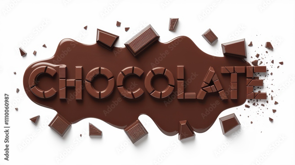 Creative CHOCOLATE text made of broken chocolate pieces on a white background Creative CHOCOLATE text made of broken chocolate pieces on a white background