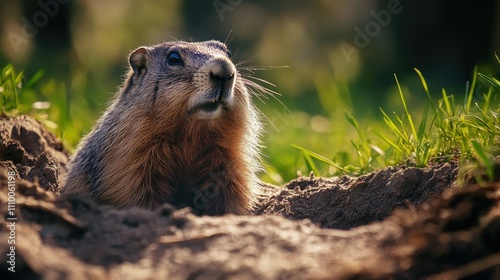 Wallpaper Mural A close-up of a marmot emerging from its burrow, surrounded by grass and soft earth. Torontodigital.ca
