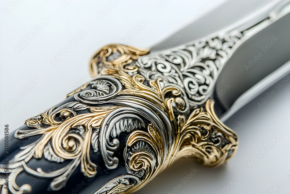 Ornate knife handle with intricate gold and silver detailing. Ornate knife handle with intricate gold and silver detailing.