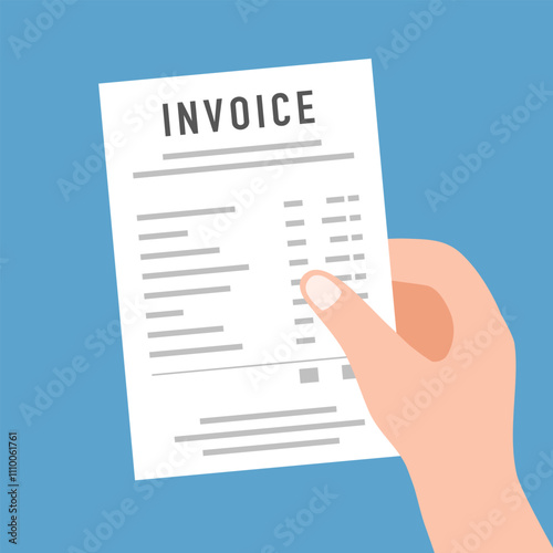 Hand holding invoice receipt on blue background in flat design.