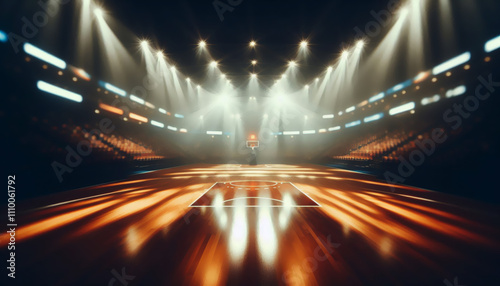 Blurred image of basketball court under stadium lights. Illustration suitable for sports theme background