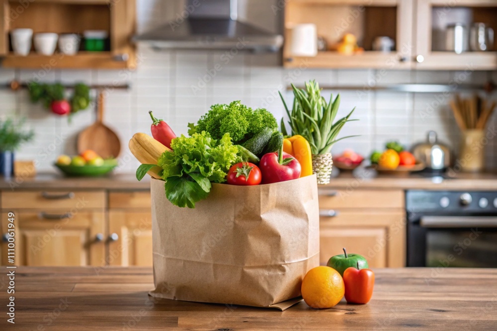 A brown paper bag filled with vegetables sits on a wooden counter A brown paper bag filled with vegetables sits on a wooden counter