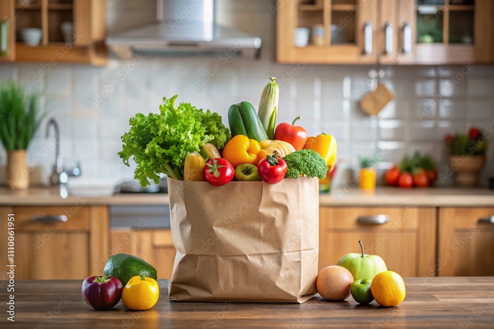 A brown paper bag filled with vegetables sits on a wooden counter