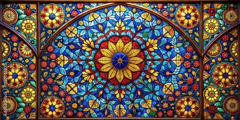 Intricate Floral and Geometric Design in Vibrant Stained Glass Window Panel Intricate Floral and Geometric Design in Vibrant Stained Glass Window Panel