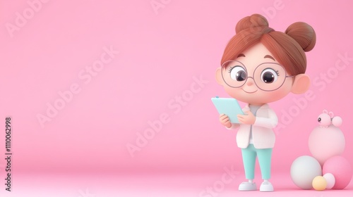 Cute Cartoon Teacher Character in 3D Style with Tablet