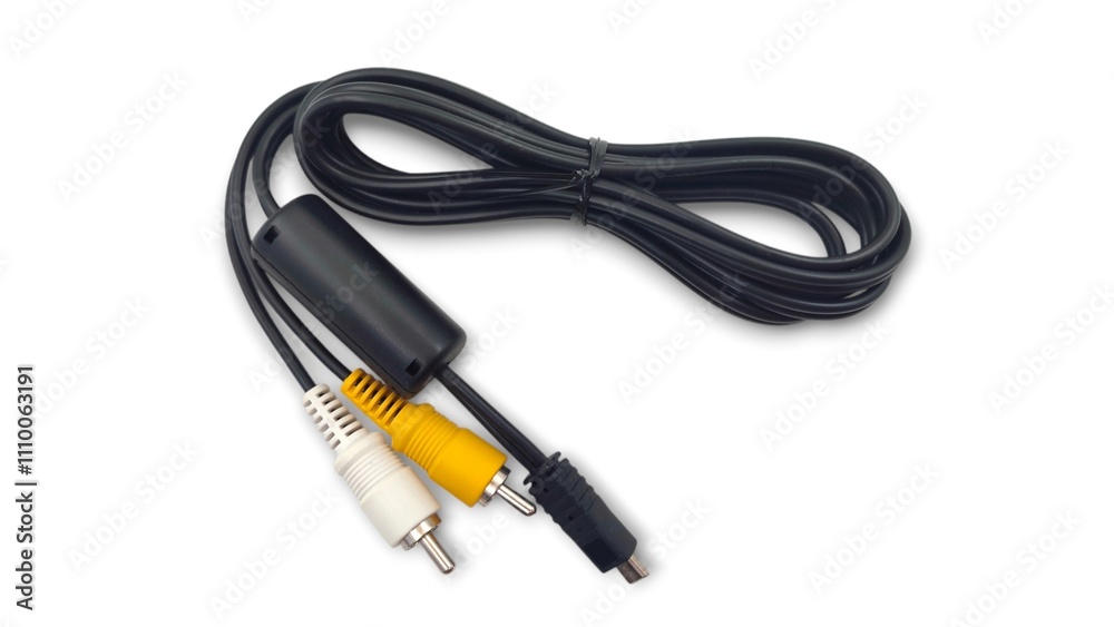 Top view of a high-quality audio-video cable featuring a black cord with RCA connectors, designed for seamless transmission and compatibility with various devices, isolated on white background. Top view of a high-quality audio-video cable featuring a black cord with RCA connectors, designed for seamless transmission and compatibility with various devices, isolated on white background.