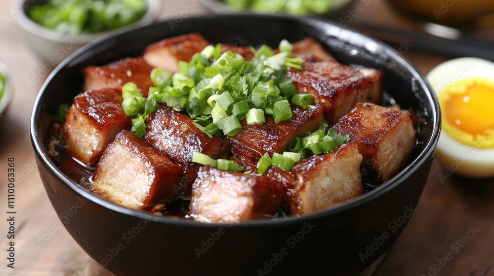 Fototapeta premium Delicious braised pork belly served with green onions in bowl