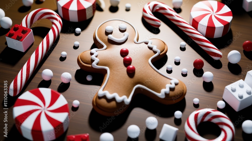 Obraz premium Smiling Gingerbread Cookie with Candy Canes and Holiday Decor