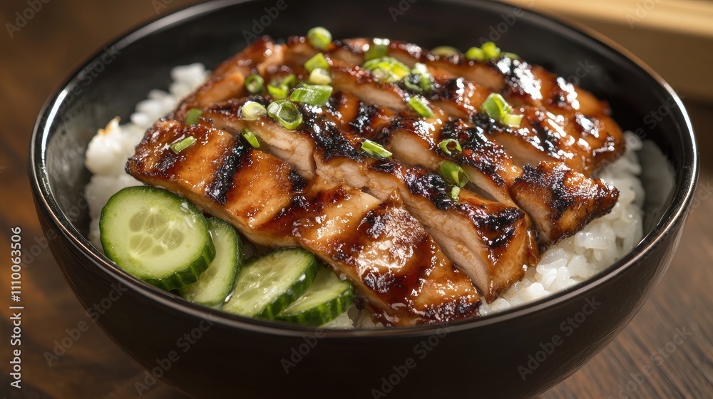 Grilled Fish Fillet with Rice and Cucumbers in Black Bowl Grilled Fish Fillet with Rice and Cucumbers in Black Bowl