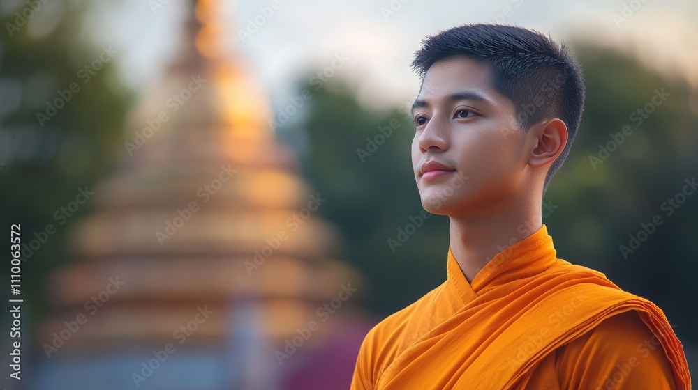 Fototapeta premium Portrait of a Young Monk in Serene Setting