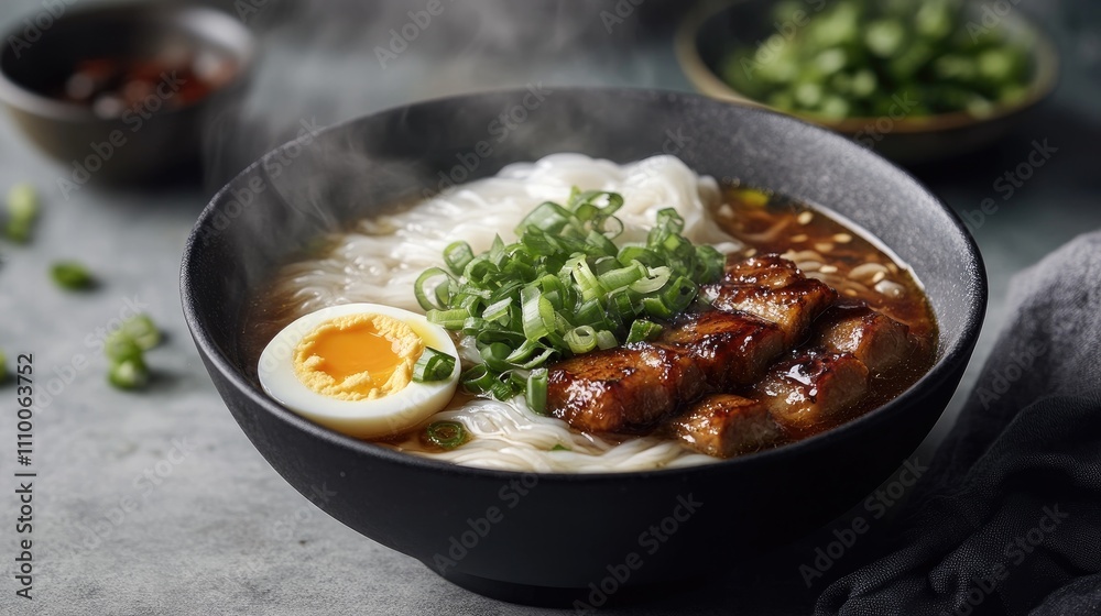 Delicious Pork Ramen Bowl with Soft Egg and Green Onions