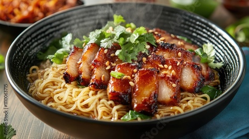 Delicious Asian Noodles with Juicy Grilled Pork and Fresh Herbs