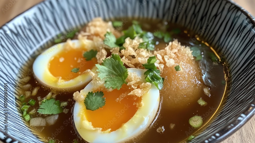 Delicate Egg Dish with Broth and Fresh Herbs in Bowl Delicate Egg Dish with Broth and Fresh Herbs in Bowl