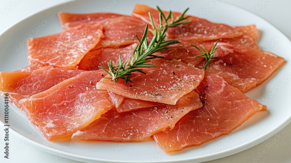 Thinly Sliced Cured Meat with Fresh Herbs on White Plate Thinly Sliced Cured Meat with Fresh Herbs on White Plate
