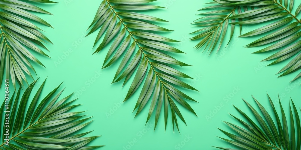 Tropical Palm Leaves in a Corner Frame on a Mint Green Background Tropical Palm Leaves in a Corner Frame on a Mint Green Background
