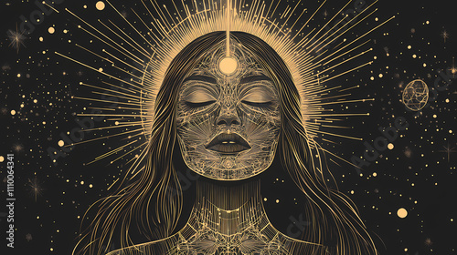 Divine feminine archetype radiating sacred geometry cosmic background ethereal glow spiritual symbolism. Sacred. Illustration