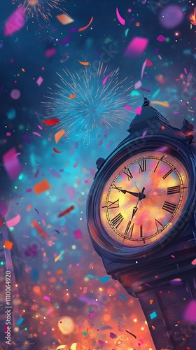 an outdoor clock tower striking midnight, fireworks starting to explode in the background, night-time setting, vibrant and celebratory mood, sharp focus on the clock with bright lights