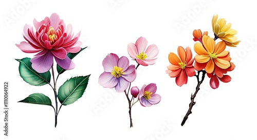 Wallpaper Mural Watercolor Set Flowers, Leaves, and Branches on White Canvas Torontodigital.ca