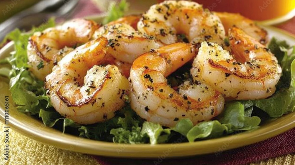 Grilled Shrimp on Bed of Fresh Greens with Seasoning and Herbs Grilled Shrimp on Bed of Fresh Greens with Seasoning and Herbs