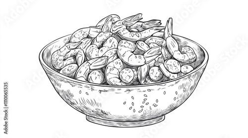 Illustrative Bowl of Shrimp with Detailed Line Art Design photo