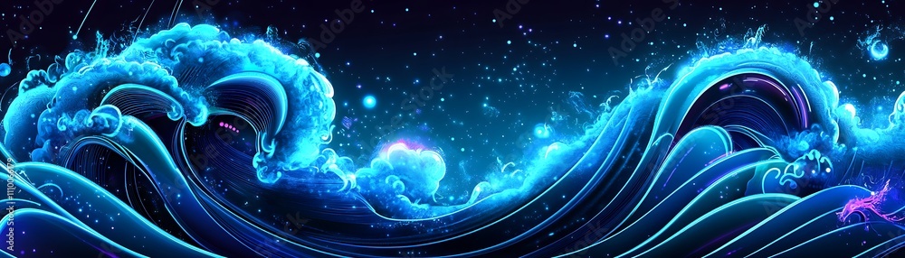 Obraz premium Abstract Blue Waves Glowing In Dark Space