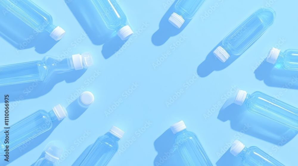 Circular Arrangement of Clear Plastic Water Bottles on Blue Background Circular Arrangement of Clear Plastic Water Bottles on Blue Background