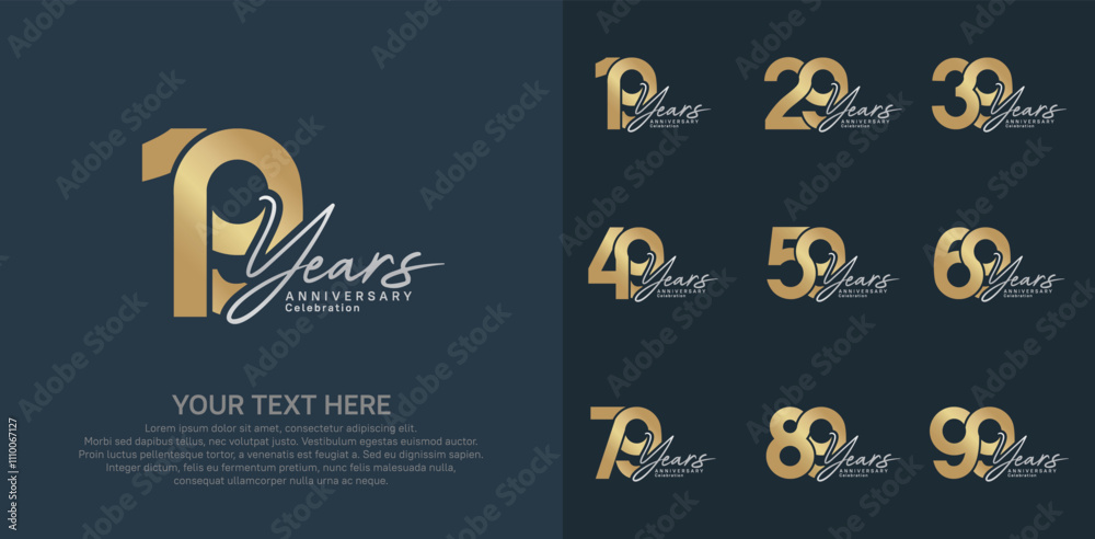 Anniversary logo set vector design, gold and silver color for celebration event Anniversary logo set vector design, gold and silver color for celebration event