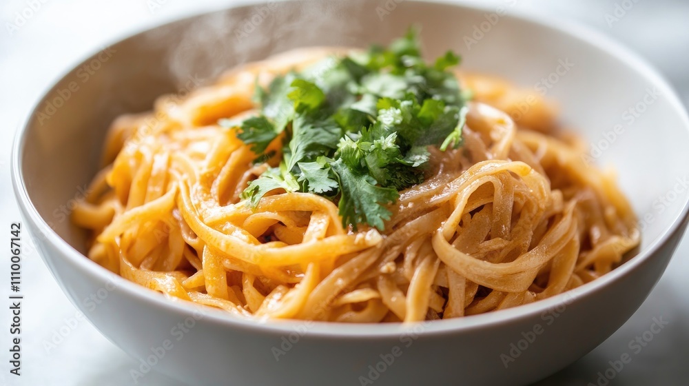 Delicious Steaming Noodles with Fresh Cilantro Garnish in Bowl Delicious Steaming Noodles with Fresh Cilantro Garnish in Bowl