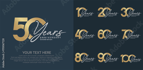Anniversary logo set vector design, gold and silver color for celebration event