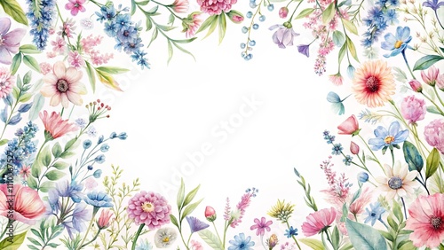 Elegant Watercolor Floral Frame Delicate Botanical Illustration with Soft Hues and a Blank Center for Text or Images