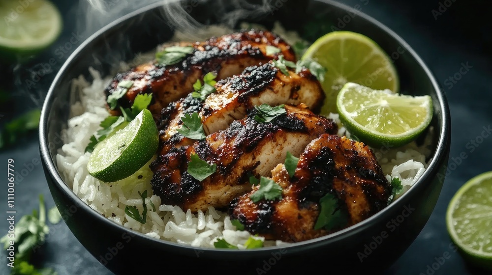 Grilled Chicken Breast on Rice with Lime and Fresh Herbs Garnish Grilled Chicken Breast on Rice with Lime and Fresh Herbs Garnish