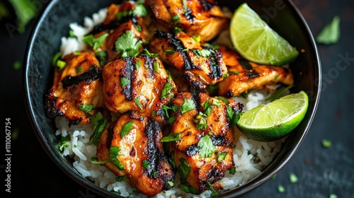 Grilled Chicken with Cilantro and Lime Over Rice in Black Bowl
