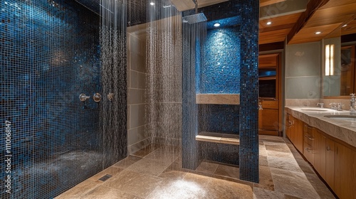 Luxurious Modern Shower with Mosaic Tiles and Rain Showerhead Design