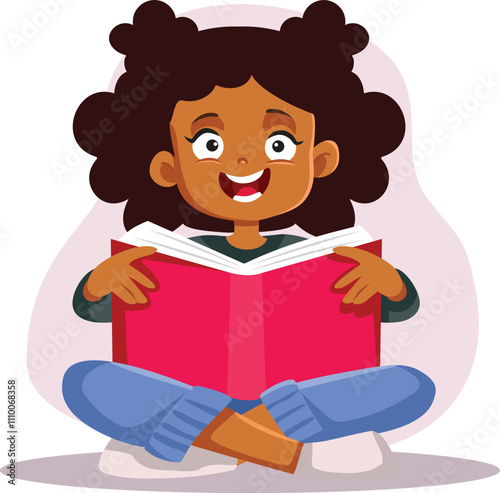 Happy Girl Reading a Fairytale Book Vector Illustration. Cheerful relaxed little reader holding a novel for her age 
