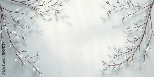 Silver-tipped branches gracefully frame a bright white background with soft sunlight filtering through, casting ethereal shadows on the pristine surface.