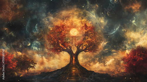 An esoteric concept linking karma and ancient incarnations with the sacred tree of life as the gate into the afterlife. Sacred. Illustration