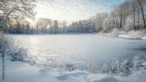 A frozen lake in the middle of winter, with snow covering the surface and trees lining the icy shores.