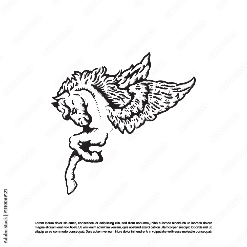 Naklejka premium Vintage hand drawn winged horse half body vector