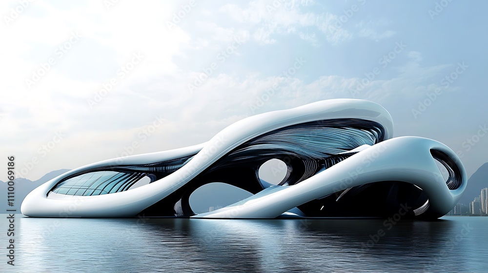Obraz premium Futuristic White Structure Floating On Calm Water