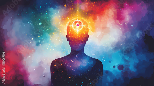 Chakra blooming colorful, pineal gland opening like a flower, third chakra, soul, sacred geometry, spiritual esoteric concept, astral, spirituality, meditation, generative ai. Sacred. Illustration photo