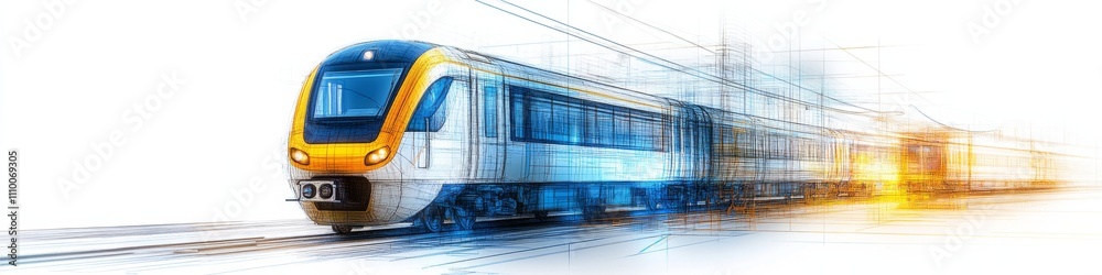 Fototapeta premium Modern train moving through a high-speed rail network during a vibrant sunrise