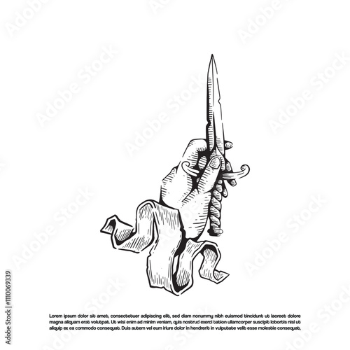 Vintage retro hand drawn hand holding dagger vector art illustration