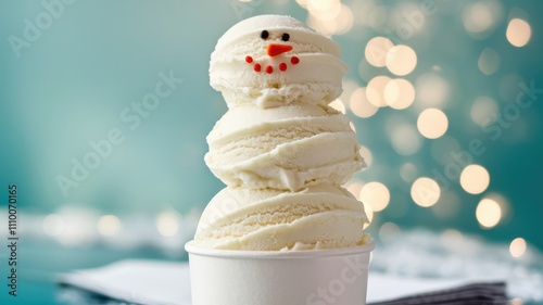 Festive snowman dessert made with scoops of vanilla ice cream