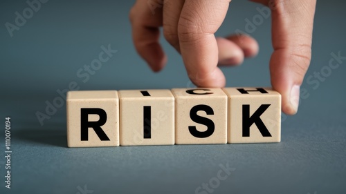 Human hand arranging wooden blocks to spell the word RISK
