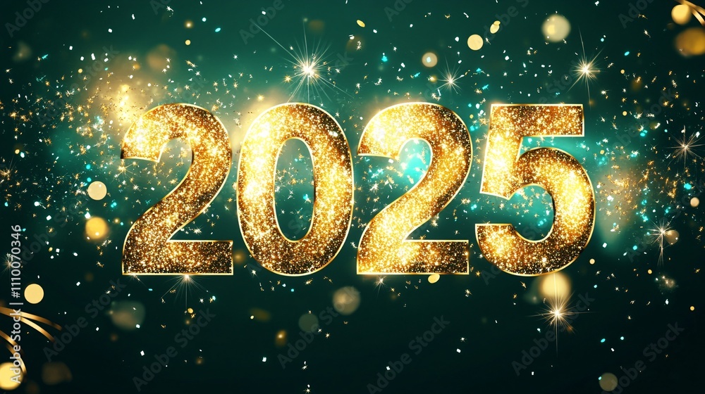 A dazzling Happy New Year 2025 design featuring glittering golden numbers '2025' illuminated against a rich dark green background, A dazzling Happy New Year 2025 design featuring glittering golden numbers '2025' illuminated against a rich dark green background,